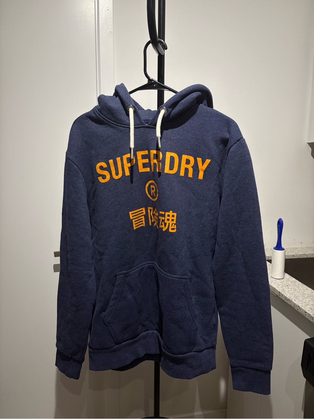 Superdry Navy Hoodie with Orange Logo Text